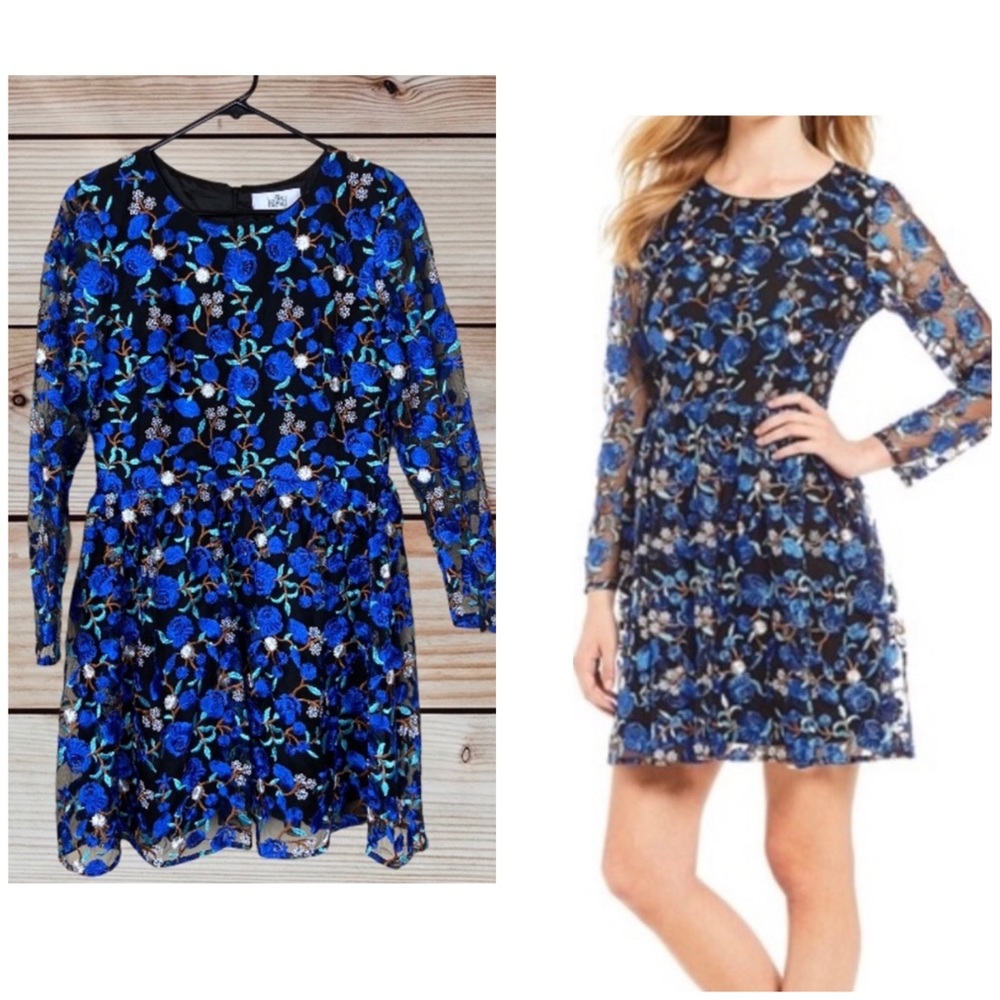 Badgley Mischka Blue and Black Floral Lace Dress